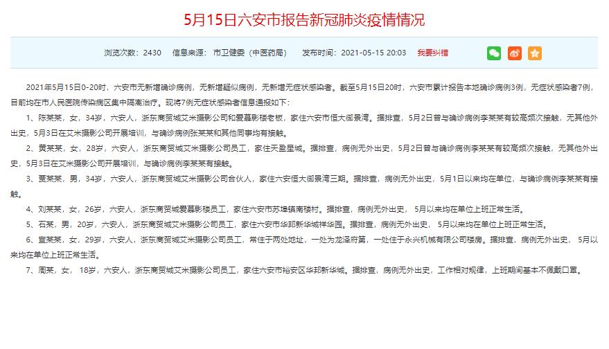 据排查,5月2日曾与确诊病例李某某有较高频次接触,无其他外出史,5月3